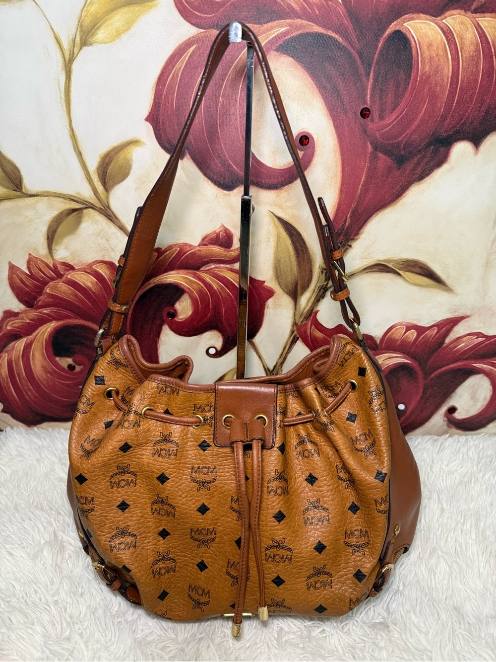MCM Visetos Bucket Shoulder Bag Cognac Brown